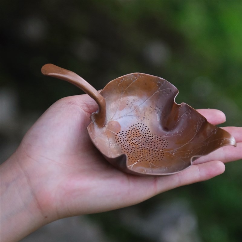 日式手工纯铜树叶形茶漏 紫铜复古烤色茶滤茶托 T红铜茶叶过滤器