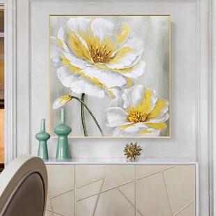 手绘油画牡丹餐桌墙上的r装饰画睡房挂画入户正对大门玄关画轻奢