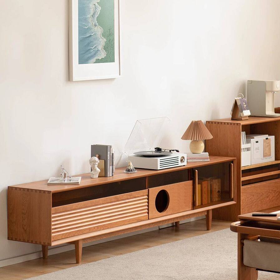 电视柜樱桃木日式实木猫舍猫窝人猫共居北欧简单落地玻璃门