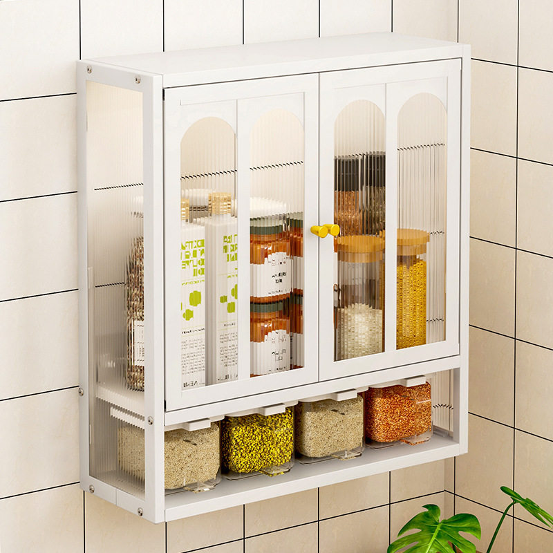厨房调料置物架壁挂式免打孔调味品收纳带门防尘多功能墙上储物柜