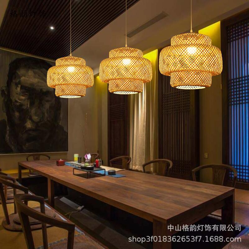 led吊灯新中式复古茶楼竹编灯餐厅客厅吊灯田园茶室竹艺吊灯批发