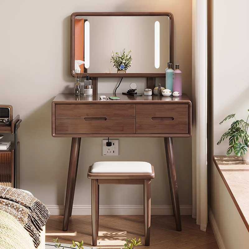 北欧实木化妆桌卧室小户型带镜子化妆台简约收纳柜一体轻奢梳妆台