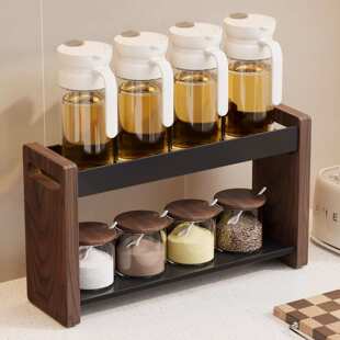 模范夫人胡桃木厨房调料置物架中古风实木调味品盐罐油壶收纳架子