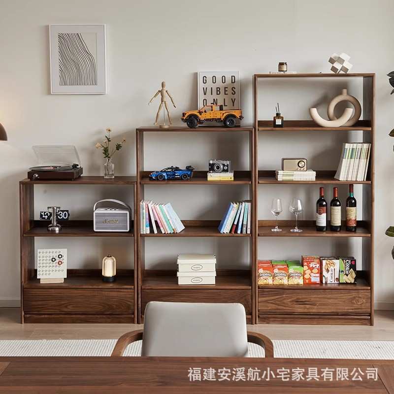 现代简约实木家用客厅书架置物架收纳柜带抽屉落地书柜层架储物柜