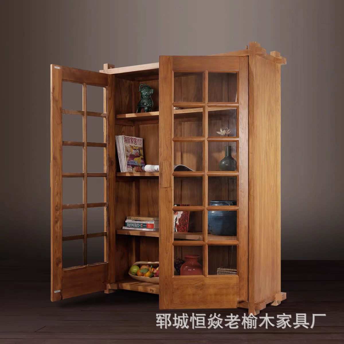 老榆木玻璃柜带门书柜中式实木原木家具收纳柜子客厅靠墙储物柜