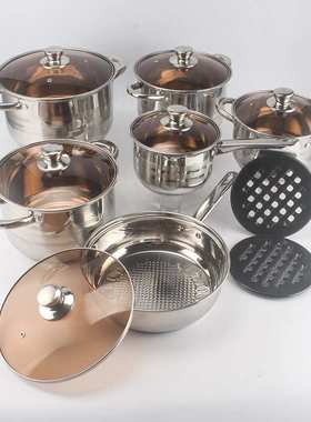 出口不锈钢十二件套锅具管耳复底汤锅12pcs cookware set pot