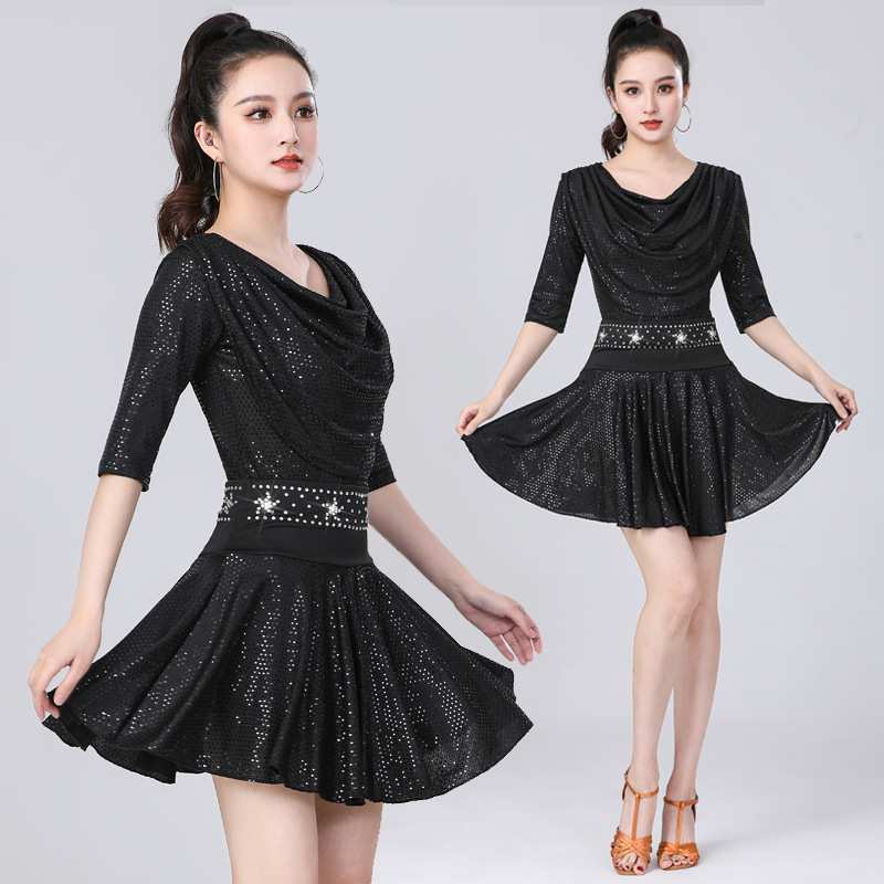 拉丁舞服装新款亮片套装钻短裙三步踩跳舞服吉特巴广场舞摩登舞服