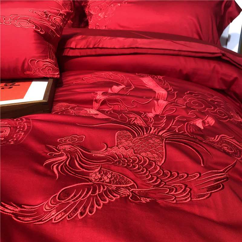A5L140支匹马棉刺绣四件套大红色婚庆龙凤结婚被套新婚床品
