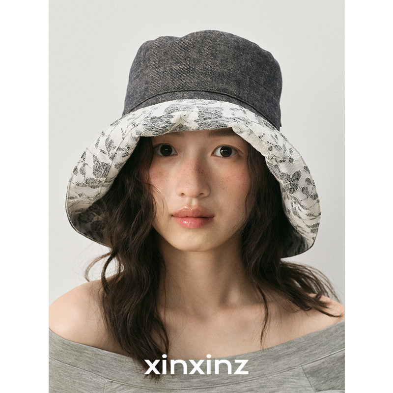 xinxinz/芯心子韩国进口蕾丝棉麻大檐渔夫帽牛仔拼接蕾丝渔夫帽
