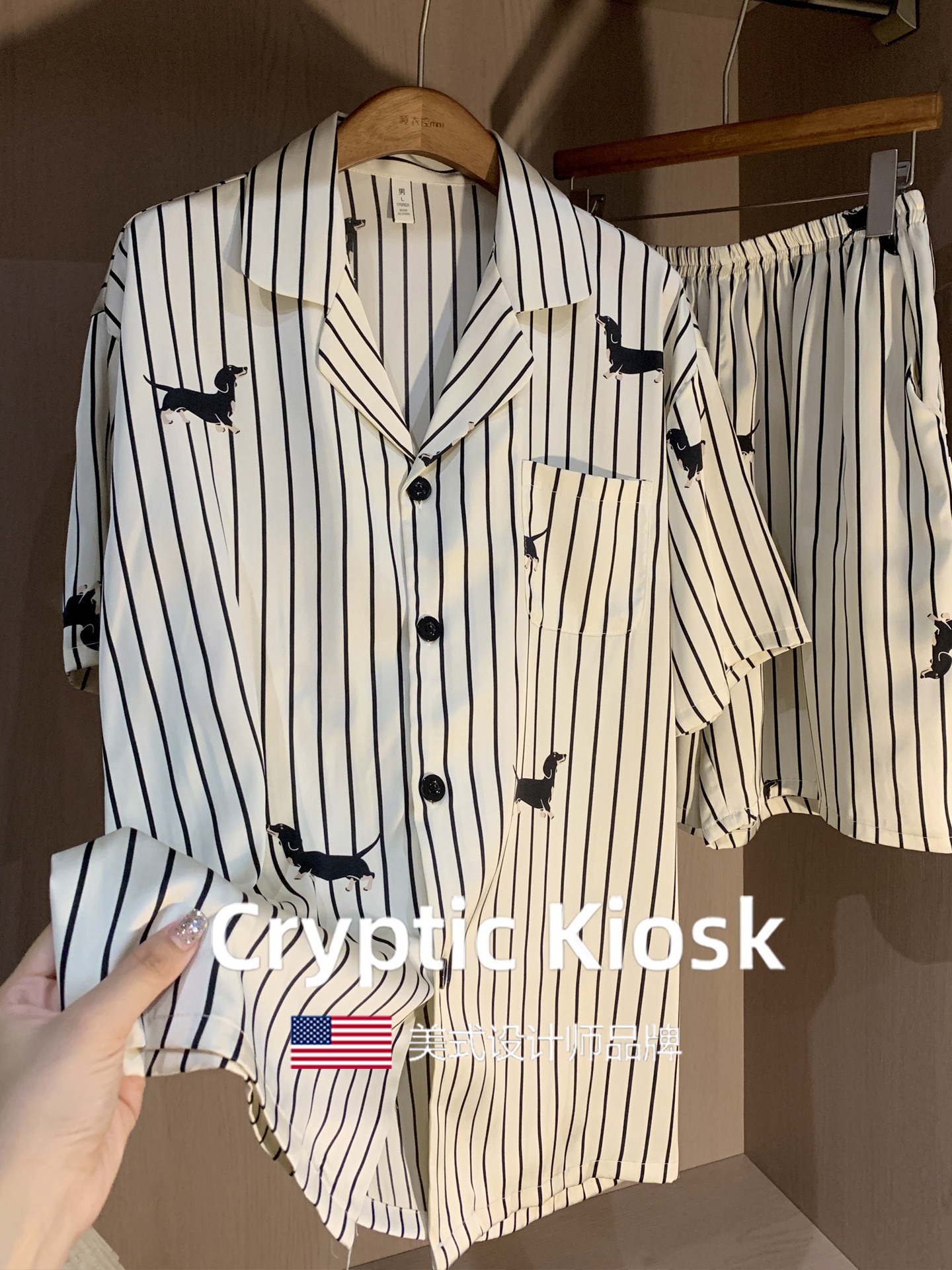 Cryptic Kiosk条纹小狗真丝睡衣情侣夏季短袖简约开衫家居服套装