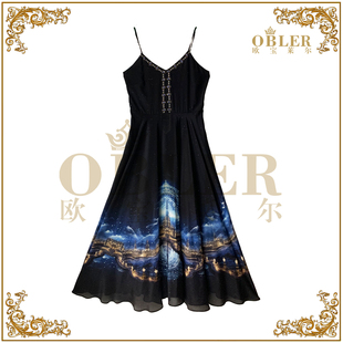 【时空之门】欧宝莱尔轻奢时尚印花烫钻吊带连衣裙305-25309