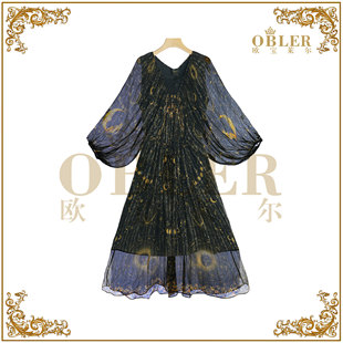 【太阳女神】欧宝莱尔春夏新款定位印花灯笼袖连衣裙305-25371