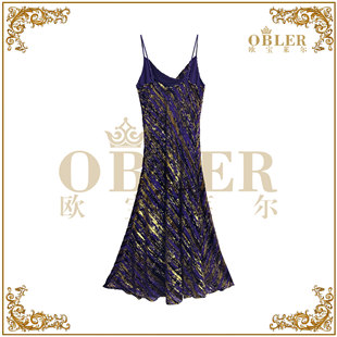 【欧宝莱尔】2025早春新款烂花斜裁金丝荡领吊带连衣裙305-25155