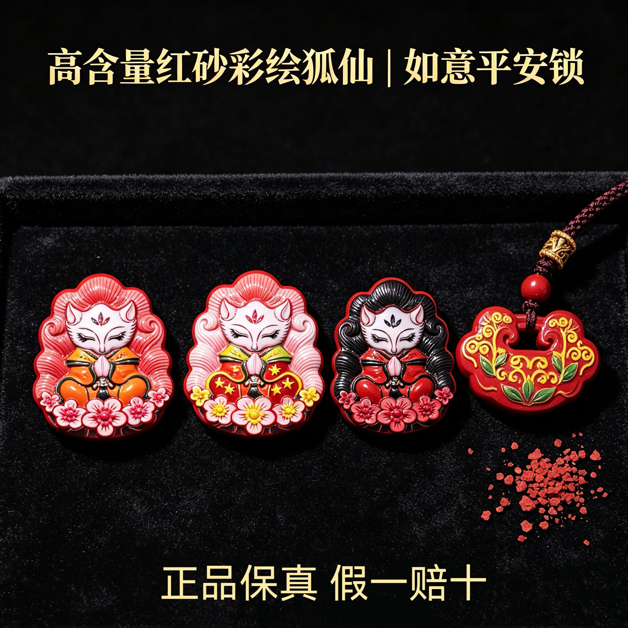 天然朱砂彩绘红砂九尾狐吊坠如意平安锁吊坠女款旺桃花项链保真
