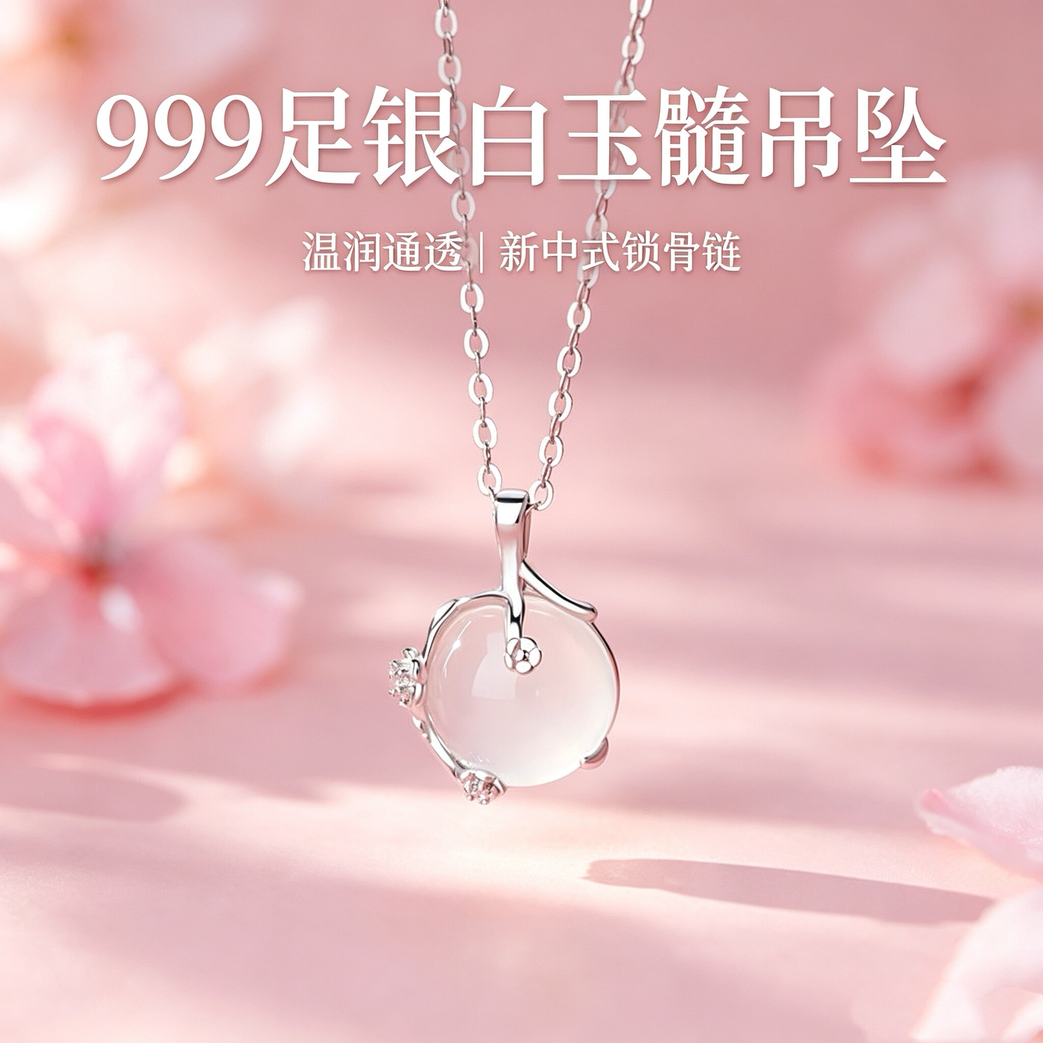 足银999白玉髓梅花项链轻奢小众高级感纯银锁骨链送女友闺蜜礼物