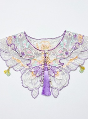 宠物云肩汉服配饰猫咪披肩古风刺绣钉珠流苏狗狗围兜围脖紫色蝴蝶