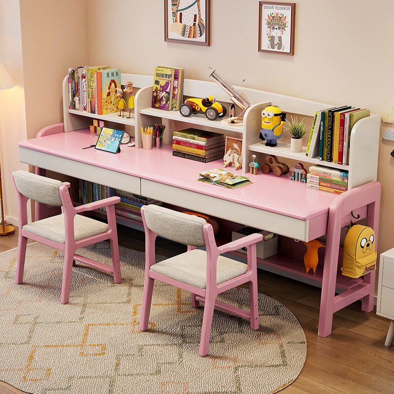 实木儿童书桌家用简约双人学生学习桌椅组合书架一体可升降写字桌