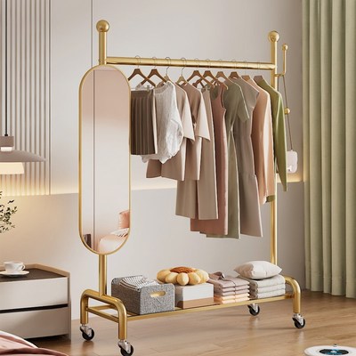 晾衣架落地家用晾衣杆全身镜卧室可旋转移动带挂衣架一体衣镜