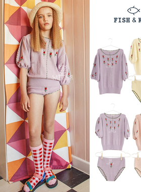 3件4折不换退 西班牙fish kids SS22春夏儿童花球袖上衣短裤亲子