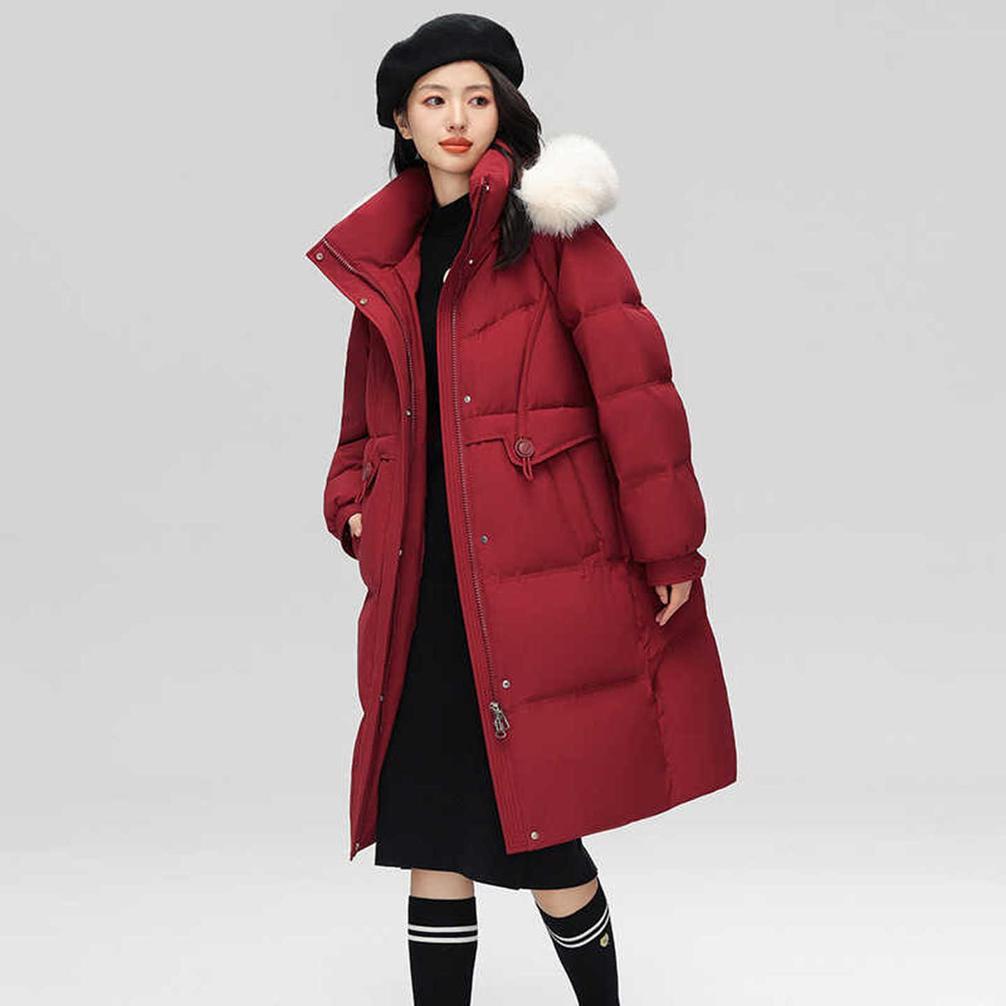 雪中飞中长款红色羽绒服外套女
