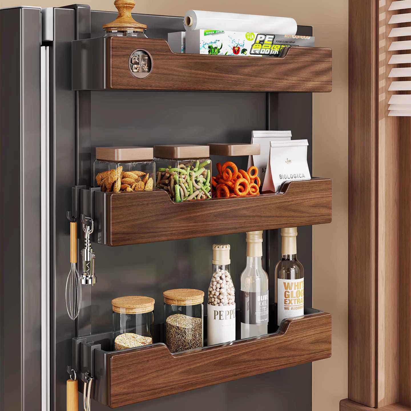 实木厨房置物架冰箱侧面免打孔壁挂多层储物架保鲜膜调料品收纳架