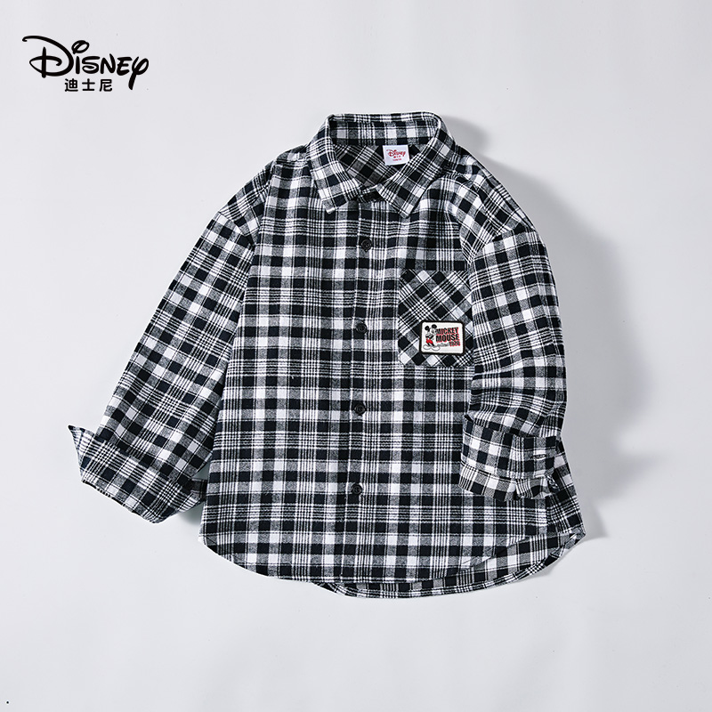 迪士尼女童格子长袖衬衫春季儿童洋气时髦宽松上衣中大童休闲外套