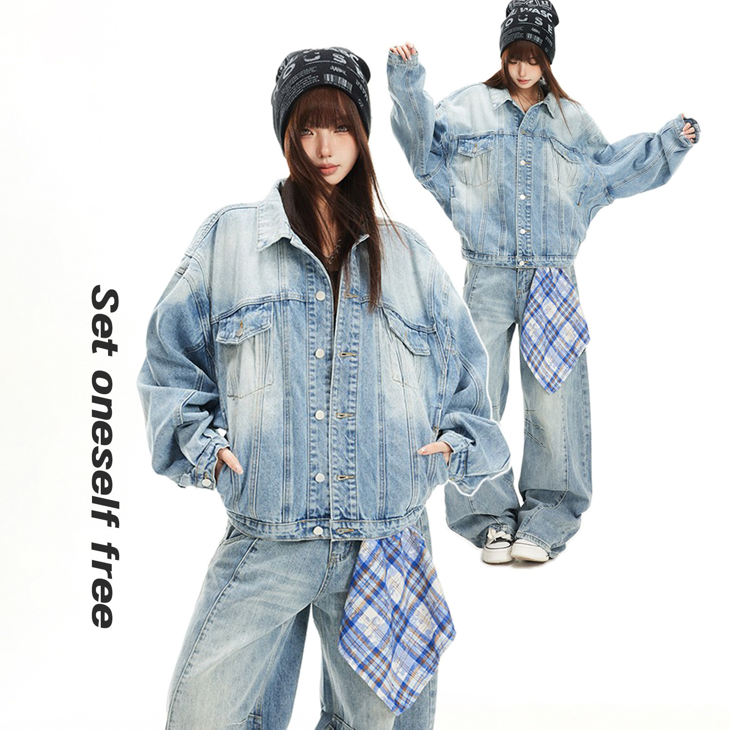 美式复古渐变牛仔外套女早春季新款翻领百搭宽松休闲夹克上衣男潮,男装,牛仔外套,淘宝优惠券,粉丝福利购,淘宝优惠卷