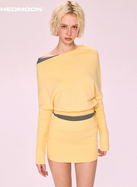 ARCHEDMOON黄色斜肩假两件色毛衣针织衫休闲短裙两件气质套装女秋