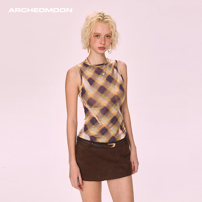 ARCHEDMOON黄色格子网纱无袖上衣