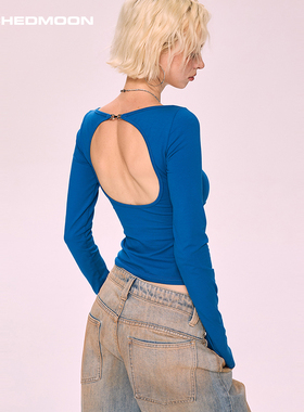 ARCHEDMOON 蓝色露背设计感小众长袖t恤秋季圆领显瘦高级感上衣女