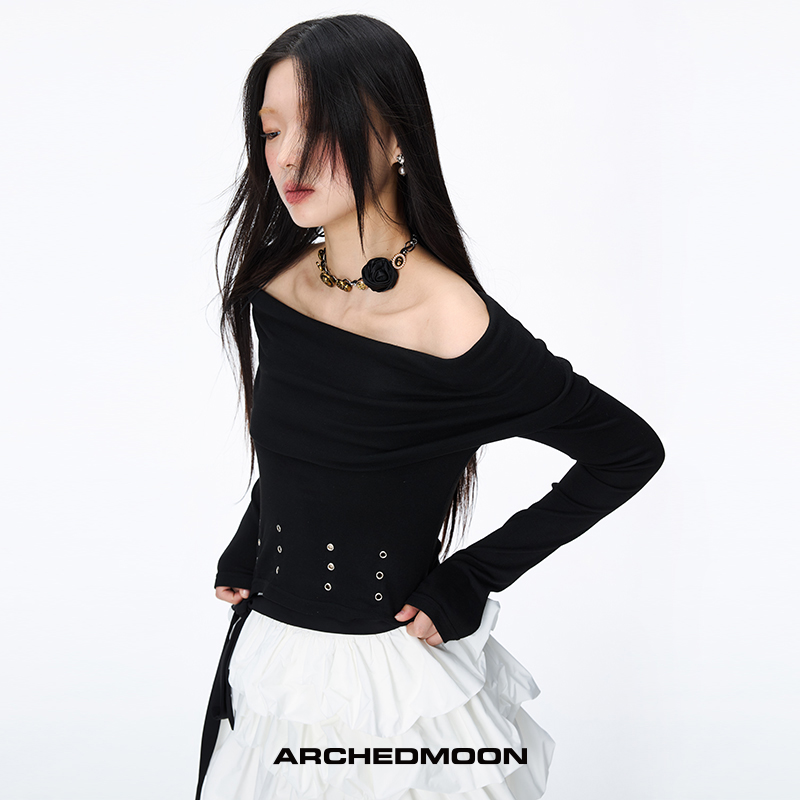 ARCHEDMOON 一字肩上衣女秋季黑白色修身显瘦高级感美式长袖t恤