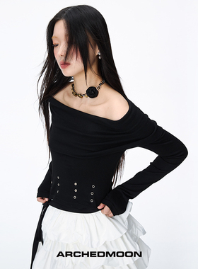 ARCHEDMOON 一字肩上衣女秋季黑白色修身显瘦高级感美式长袖t恤