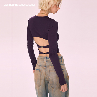 ARCHEDMOON 紫色圆领正肩长袖内搭打底衫t恤设计感短小众上衣女秋