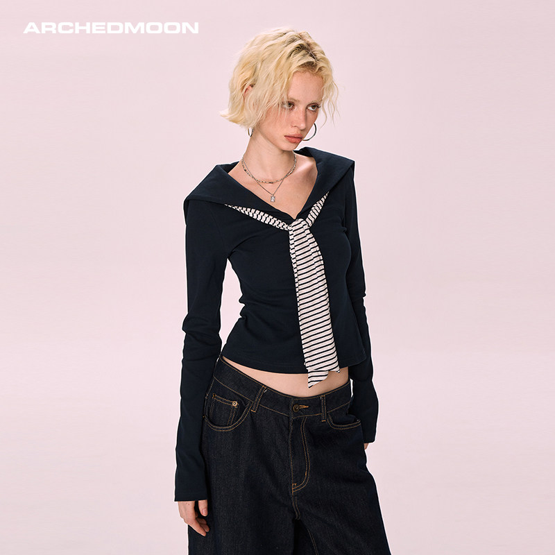 ARCHEDMOON藏蓝色海军领长袖t恤