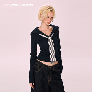 ARCHEDMOON 蓝色海军领假两件长袖t恤打底衫内搭女秋显瘦气质上衣