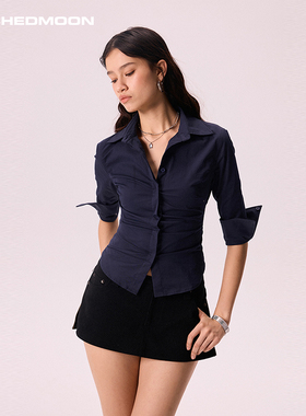 ARCHEDMOON 藏蓝色v领正肩衬衫衬衣气质高级感短款收腰上衣女夏季