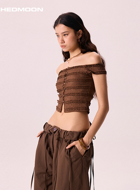 ARCHEDMOON咖色一字肩荷叶边短袖露肩设计感小众短款上衣女夏新款