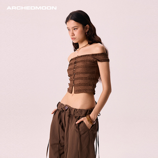 ARCHEDMOON咖色一字肩荷叶边短袖露肩设计感小众短款上衣女夏新款
