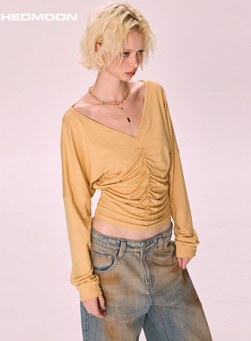 ARCHEDMOON黄色条纹v领收腰长袖t恤内搭打底衫设计感小众上衣女秋