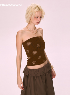 ARCHEDMOON咖色提花针织抹胸背心内搭女夏秋露肩辣妹短款无袖上衣