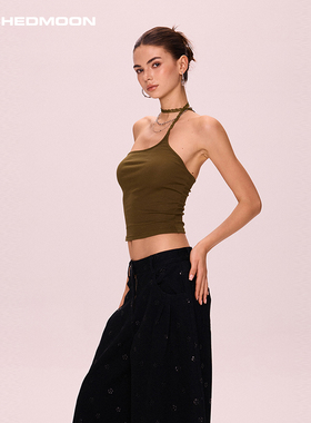 ARCHEDMOON绿色挂脖外穿露背吊带背心女夏内搭设计感小众无袖上衣