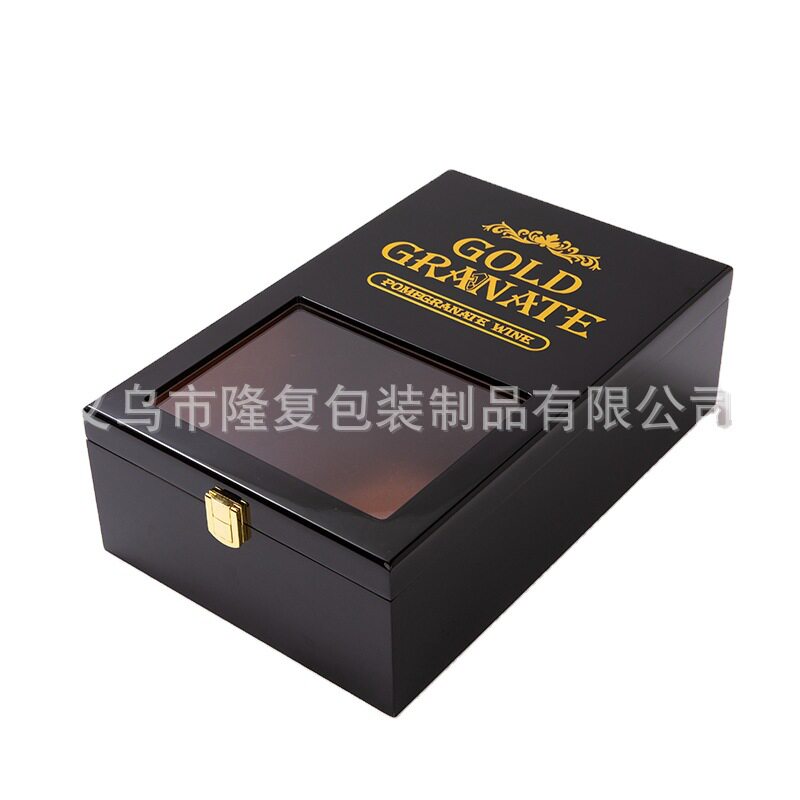 厂家生产钢琴烤漆酒盒创意时尚半透明两支装木质红酒盒翻盖收纳盒