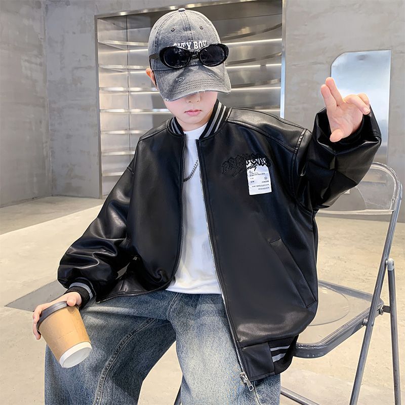 正品亲子男童皮衣外套儿童春装2026新款韩版炸街春秋皮夹克大童痞
