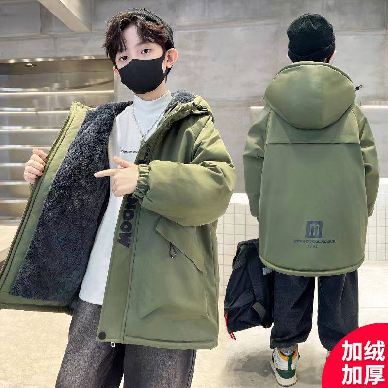 正品亲子男童外套棉服新款2024中大童儿童加绒冬季加厚男孩棉衣克