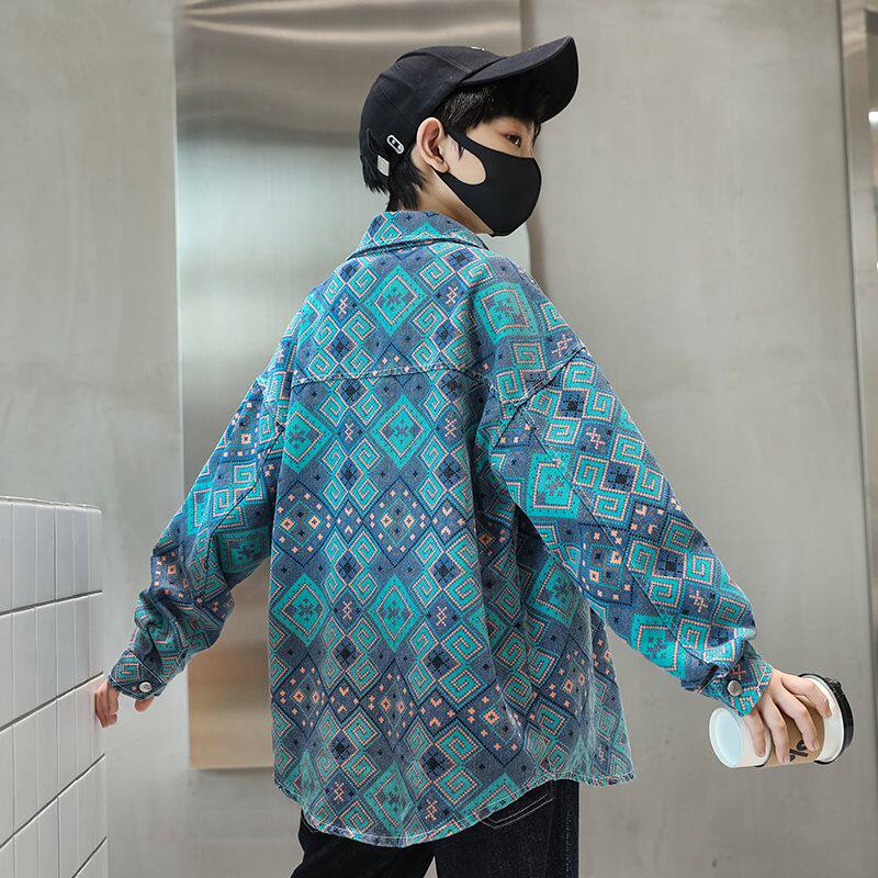 正品亲子男童春秋衬衫2023中大童秋新款牛仔儿秋装外套款季男孩炸