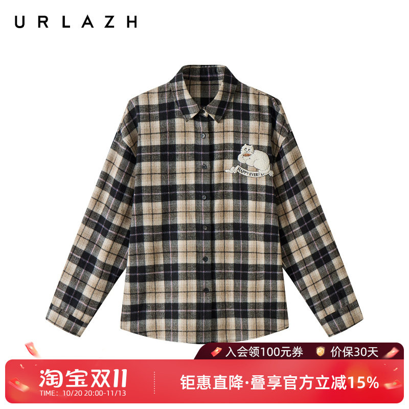 URLAZH有兰冬季新款复古学院风U等等猫咪绣花撞色格纹磨毛衬衫女