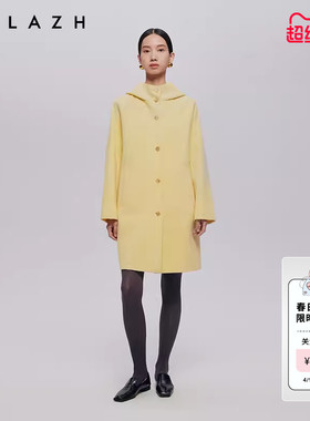 URLAZH有兰秋季新款简约时尚奶呼呼鹅黄色羊毛连帽休闲大衣外套女