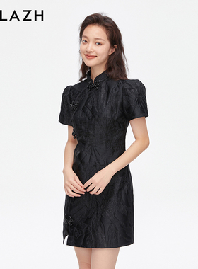 URLAZH有兰夏季新款复古收腰黑色气质新中式连衣裙JM3DR05