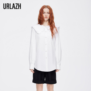 女 URLAZH有兰夏季 新款 简约白色花边娃娃领纯棉宽松长袖 衬衫