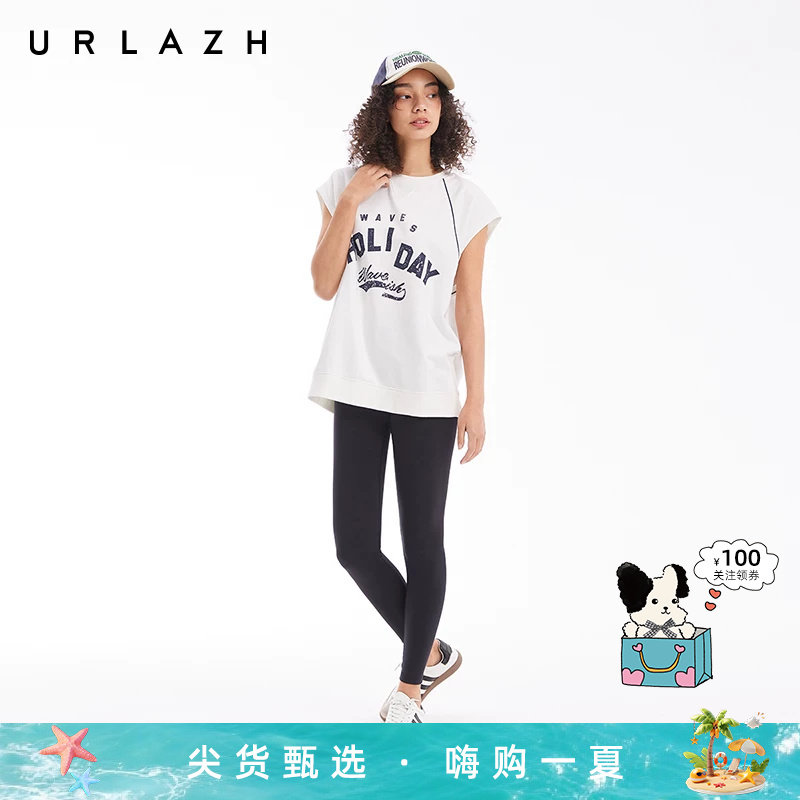 URLAZH有兰夏季新款经典黑色简约高腰印花修身弹性运动打底长裤女